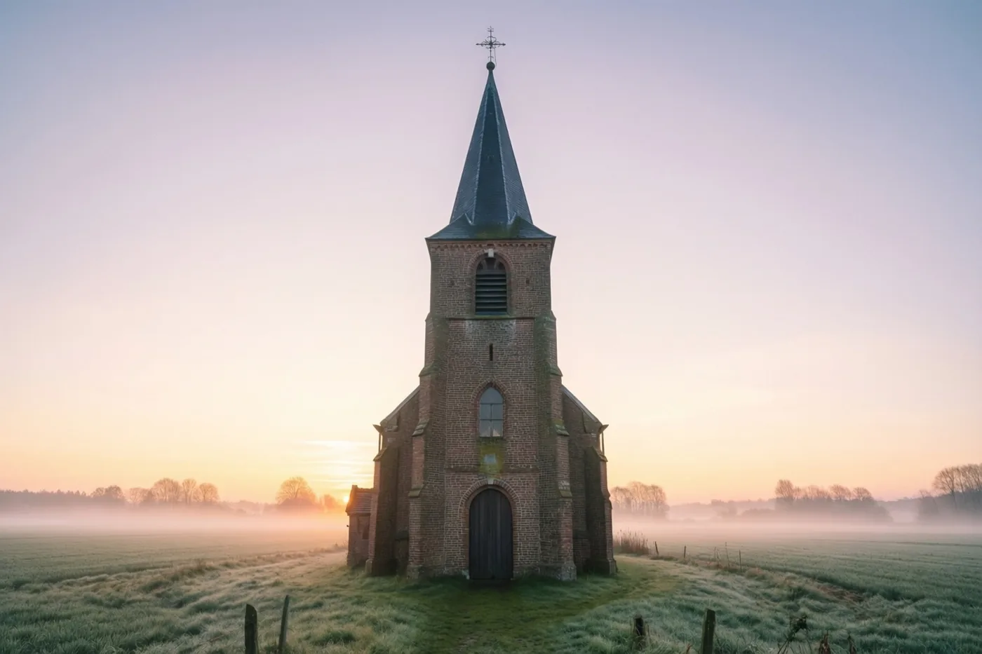 Een bakstenen dorpskerktoren rijst op uit een mistig veld, met de zon net aan de horizon en zachte paarse, oranje en groene tinten.