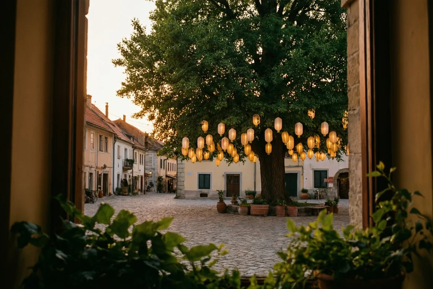 Door een raam is bij schemering een dorpsplein met kasseien en traditionele gebouwen te zien, met centraal een grote linde vol lichtgevende papieren lampionnen.