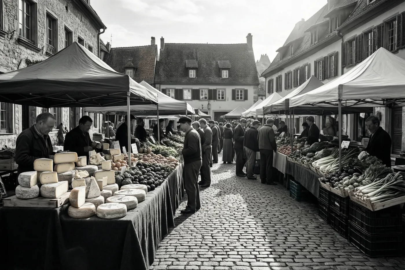 Een zwart-witfoto toont een drukke zondagochtendmarkt met kaas- en groentekramen op een dorpsplein met kasseien in zacht licht.