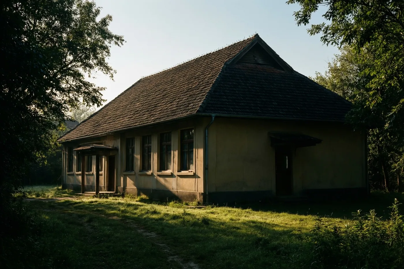 Een dorpsschool van één bouwlaag met een trapgevel staat tussen bomen en gras in warm ochtendlicht, met schaduwen op het gazon.