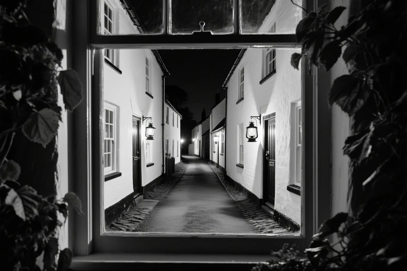 Een zwart-witbeeld door een raam toont een smalle dorpsstraat bij nacht met witgekalkte boerderijen en een lantaarn aan elke deur.