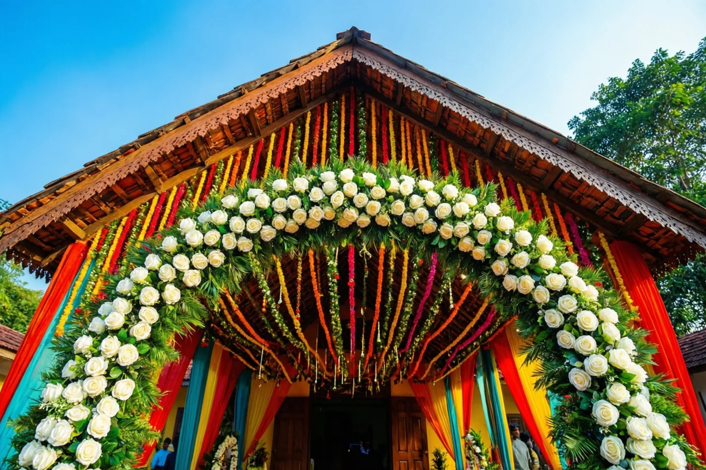 De ingang van een dorpszaal is versierd met een grote boog van witte rozen, kleurrijke slingers en rode, gele en blauwe doeken onder een houten dak.