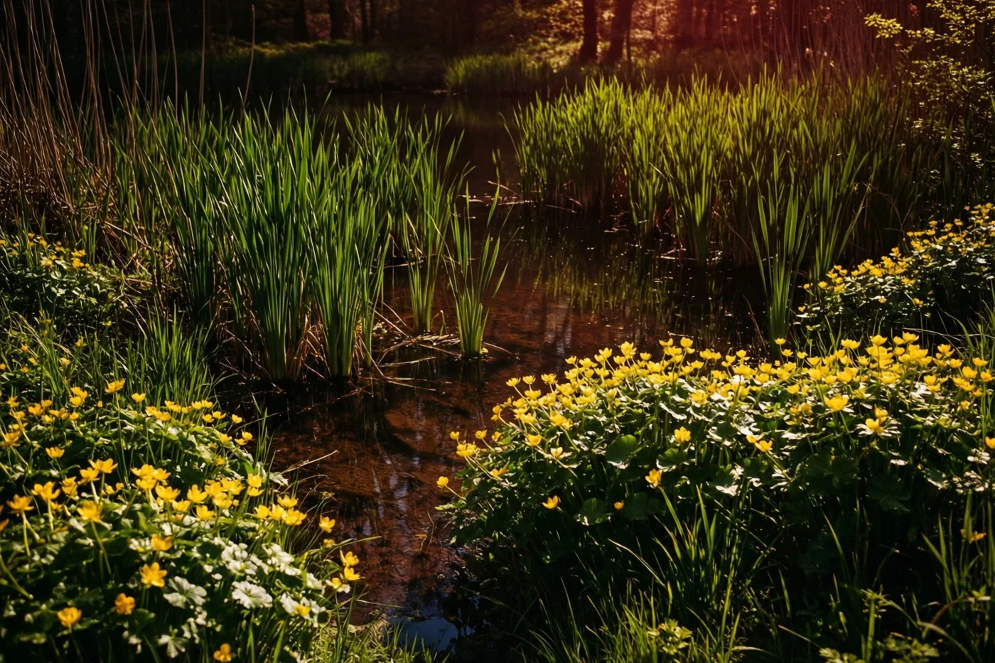 Groen blad en gele dotterbloemen weerspiegelen in het kalme water van een vijver met hoog riet in een zonnig moeraslandschap.