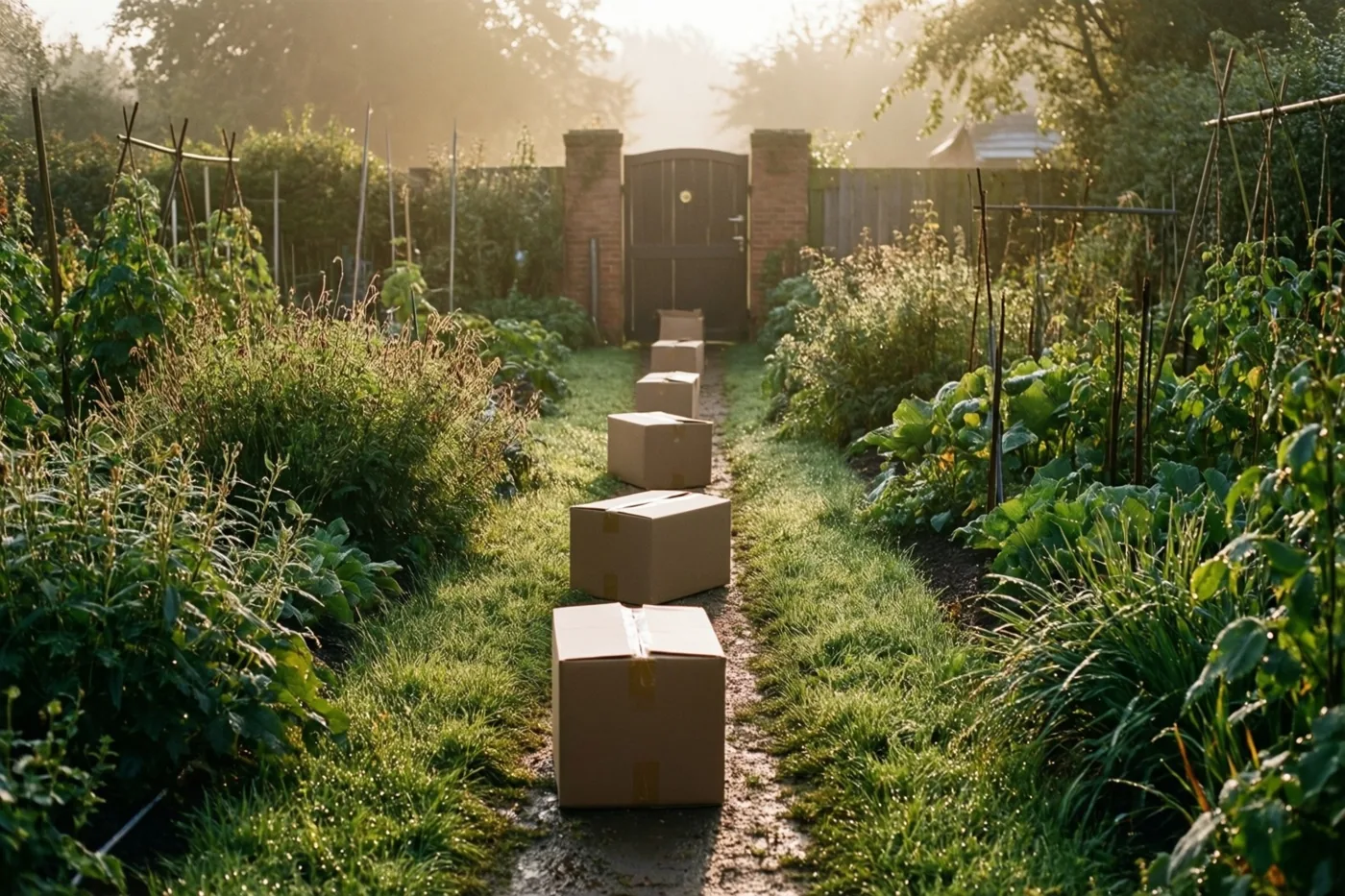 Een tuinpad met kartonnen verhuisdozen leidt tussen weelderige planten met ochtenddauw naar een houten achterdeur in gouden ochtendlicht.
