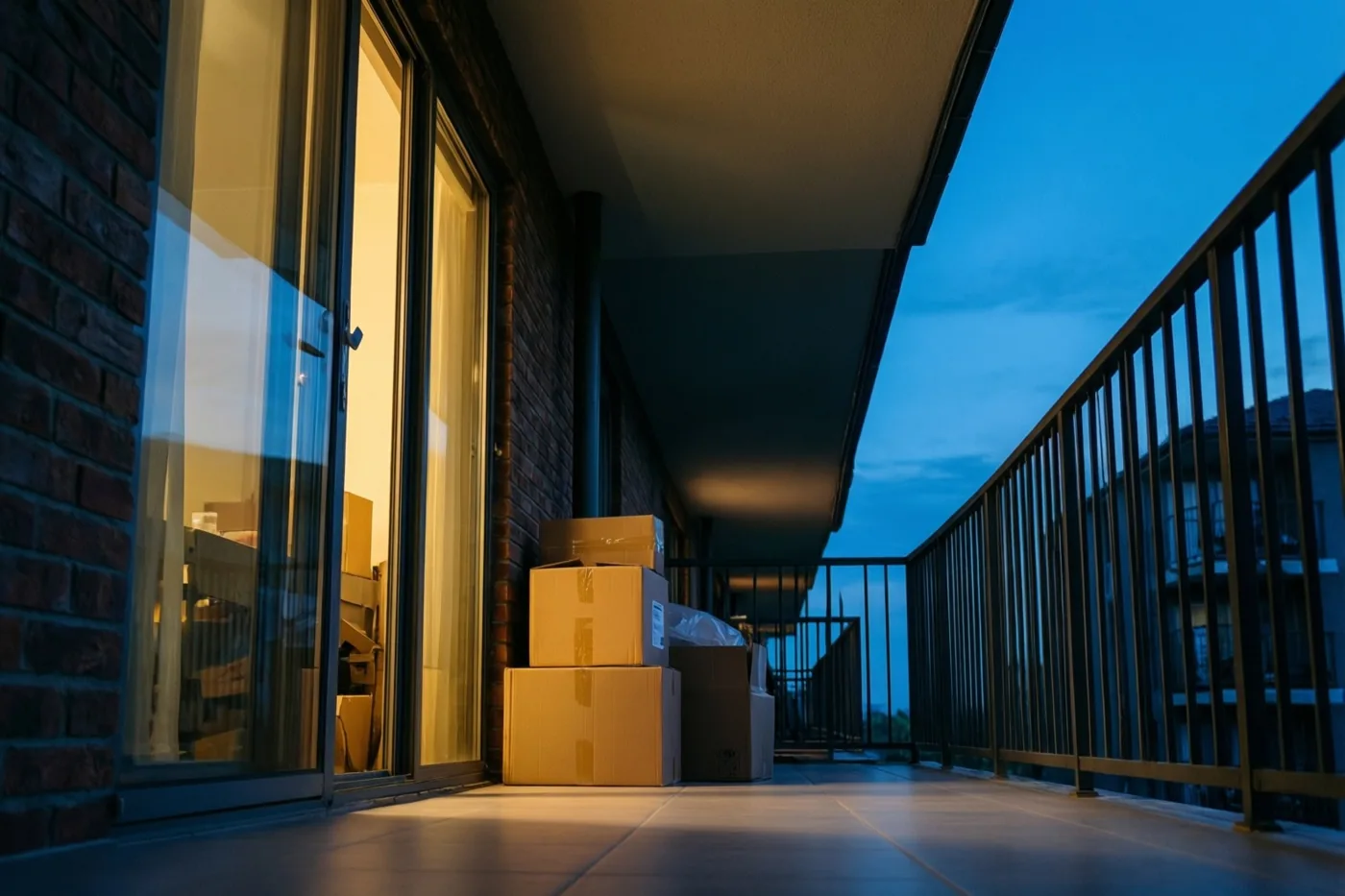 Verhuisdozen staan bij een glazen deur op een balkon in de schemering, verlicht door warm binnenlicht onder een blauwe hemel.