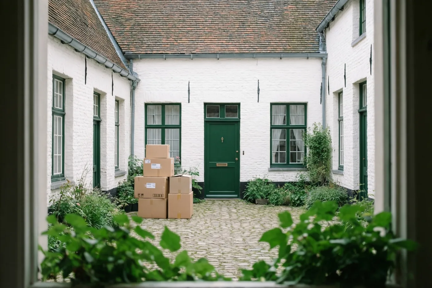 Door een raam is een rustig, gekasseid binnenhof in begijnhofstijl te zien, met witgekalkte gebouwen, groen en een stapel kartonnen verhuisdozen bij een groene deur.