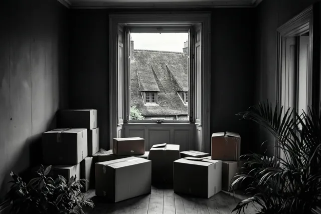 Een zwart-witfoto toont verhuisdozen in een lege kamer met donkere muren, een houten vloer en planten naast een groot open raam met uitzicht op trapgevels.