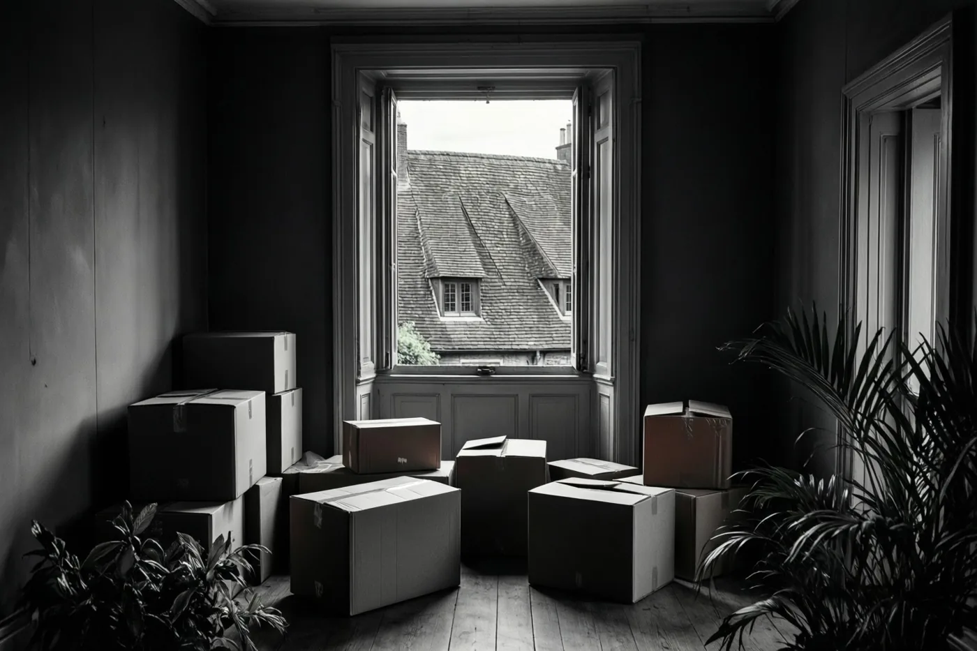 Een zwart-witfoto toont verhuisdozen in een lege kamer met donkere muren, een houten vloer en planten naast een groot open raam met uitzicht op trapgevels.