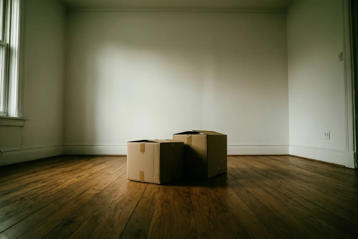Twee kartonnen verhuisdozen staan op een gepolijste eiken vloer in een lege, witte kamer met zacht licht van een raam.