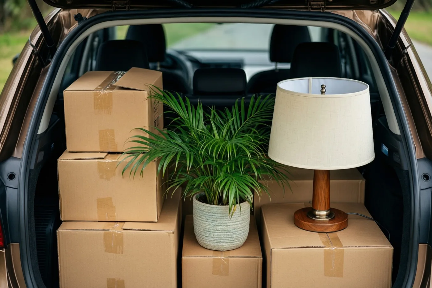 In de open koffer van een auto staan kartonnen verhuisdozen, een groene kamerplant in een pot en een tafellamp.
