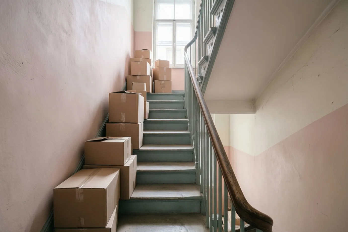 Een smalle trap met verhuisdozen op elke trede leidt naar een raam, tussen lichtroze en crèmekleurige muren in een oud herenhuis.