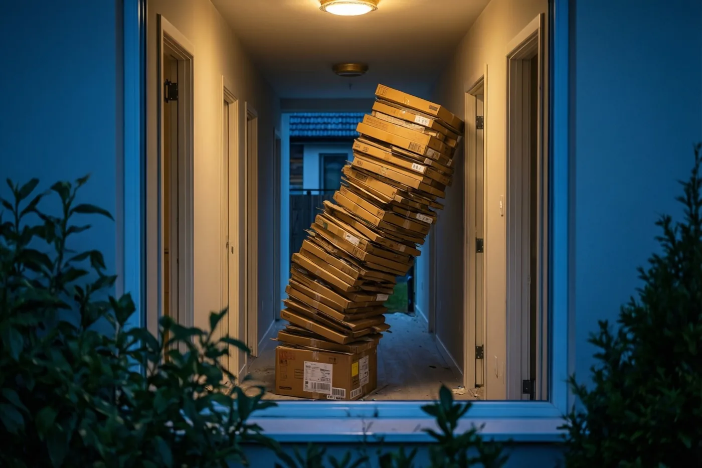 Door een raamkozijn is een scheef hellende toren kartonnen verhuisdozen in een warm verlichte gang te zien, met koelblauw licht buiten.