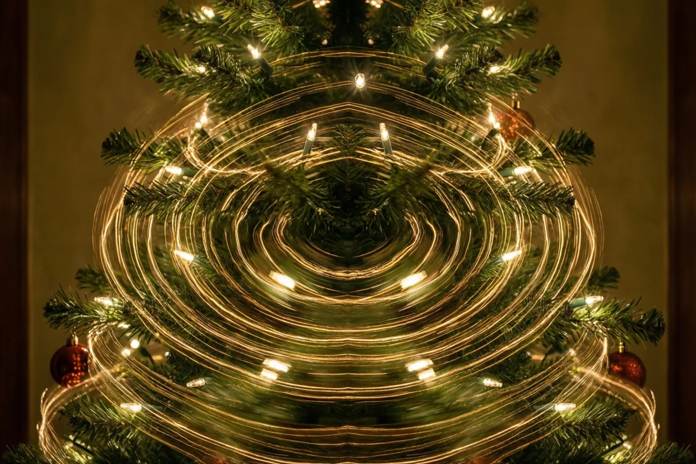 Rond een langzaam draaiende kerstboom met groene naalden en rode versiering vormen de lichtjes gouden strepen in een warm verlichte binnenruimte.