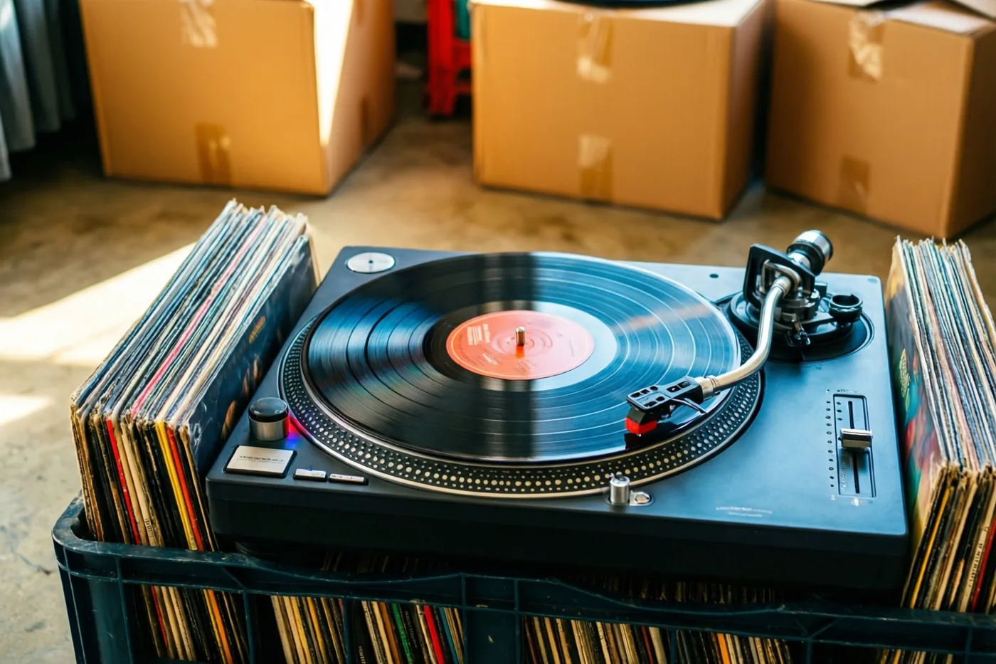 Een zwarte platenspeler met een draaiende vinylplaat staat op een zwarte krat vol platen, omringd door kartonnen verhuisdozen op een betonvloer in warm zonlicht.