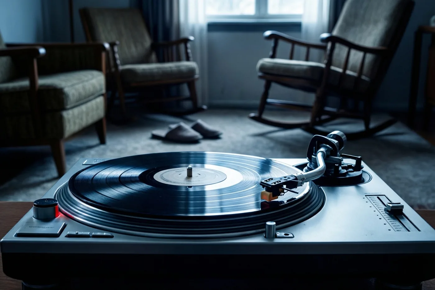 Een close-up toont een platenspeler met een draaiende vinylplaat in een schemerige woonkamer in blauwe en grijze tinten, met een schommelstoel en pantoffels op de vloer.