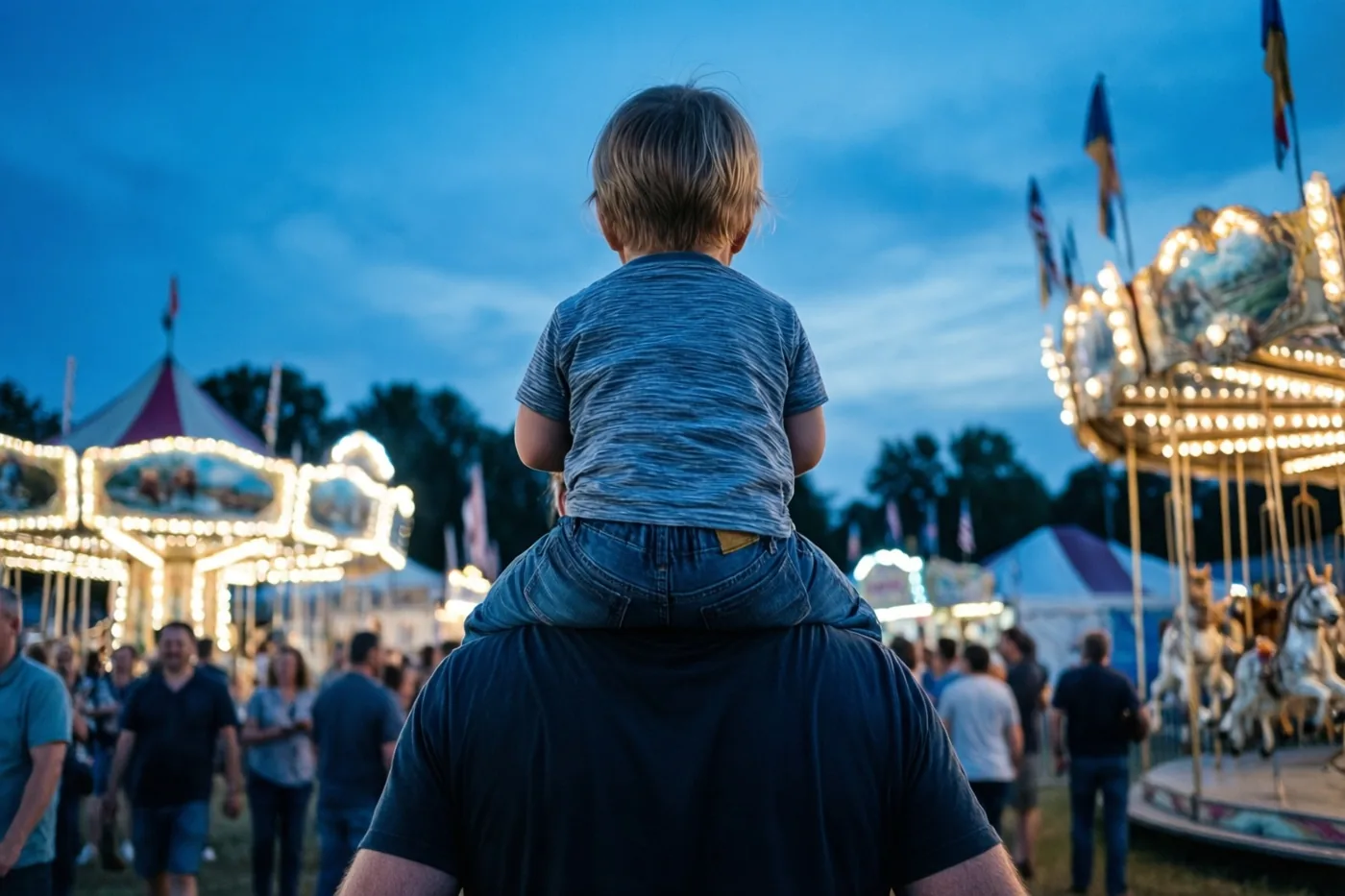 Een vader draagt van achteren gezien een klein kind op zijn schouders terwijl ze bij schemering naar een verlichte draaimolen kijken, in blauwe en warmgele tinten.