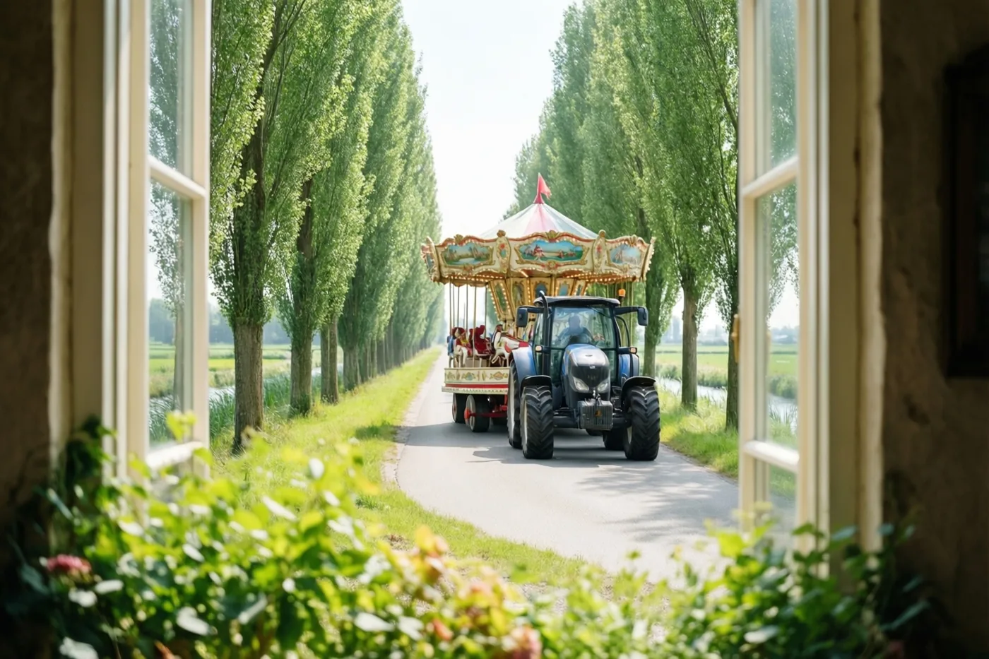Door een open raam is een tractor met een kleurrijke draaimolenwagen te zien op een smalle weg tussen hoge knotwilgen, met weelderig groen op de voorgrond.