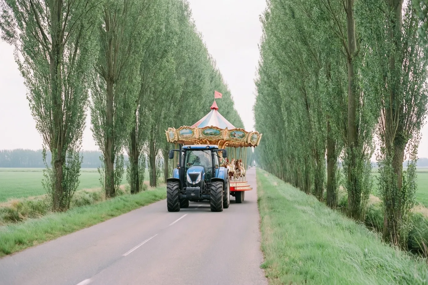 Een blauwe tractor trekt een kleurrijke draaimolenwagen over een rechte weg tussen hoge slanke knotwilgen in een groen polderlandschap onder een bewolkte hemel.