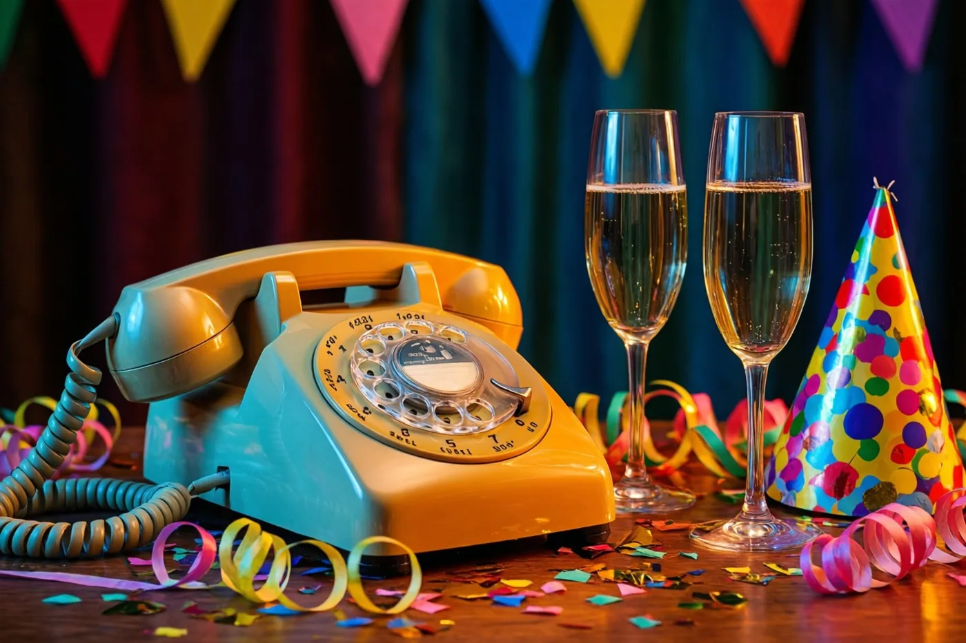Een oude draaischijftelefoon staat op een tafel naast twee champagneglazen, een kleurrijk feesthoedje, slingers en confetti, met vlaggetjes en donkere gordijnen erachter.