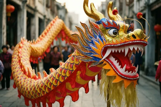 Een drakenpop met een gouden kop en rode en gele schubben slingert door een traditioneel Chinees straatje met stenen bestrating en onscherpe toeschouwers op de achtergrond.