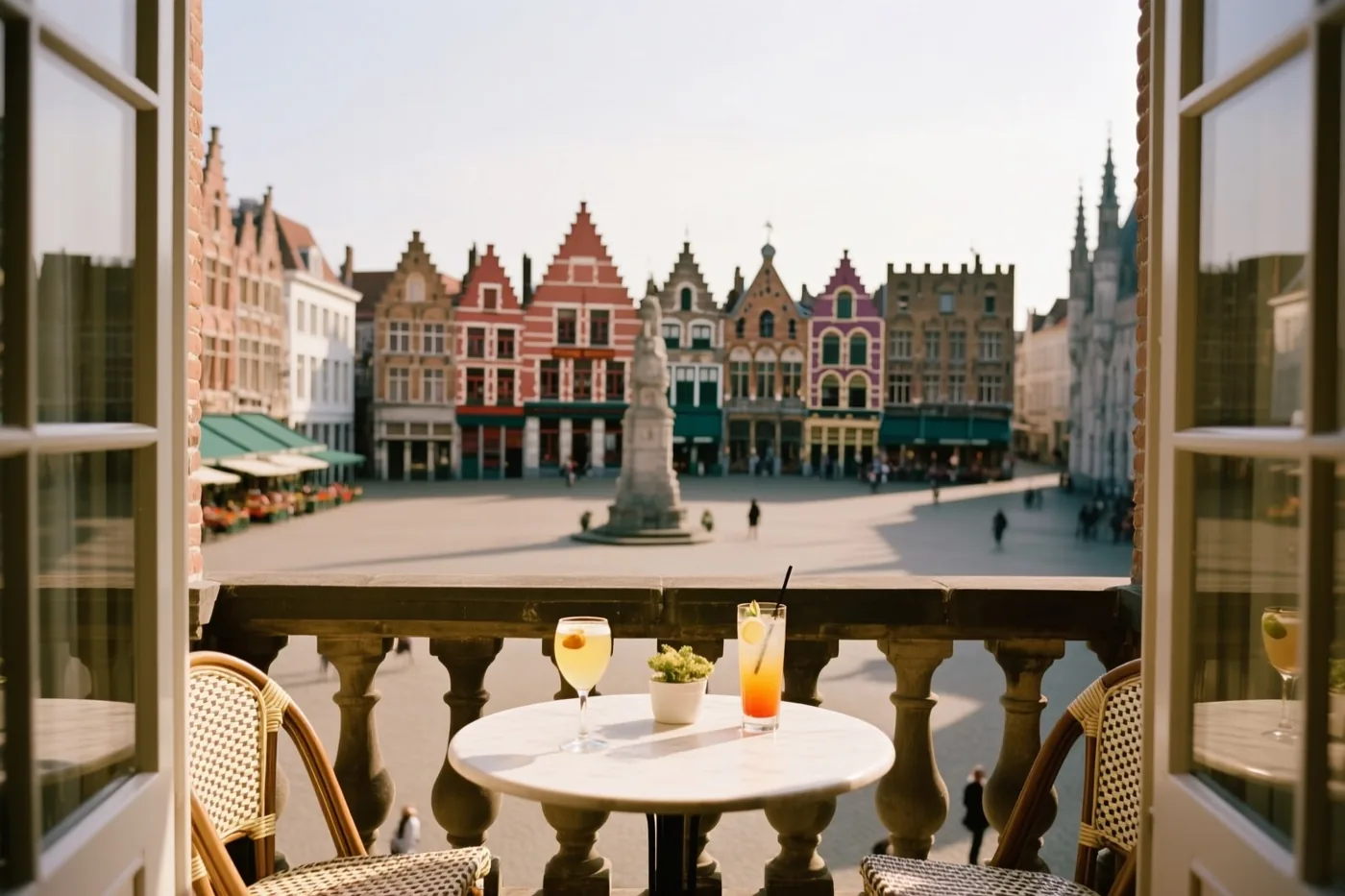 Op een balkon staan twee drankjes op een tafeltje met uitzicht op een oud Vlaams plein met kleurrijke puntgevels en een standbeeld in gouden zonlicht.