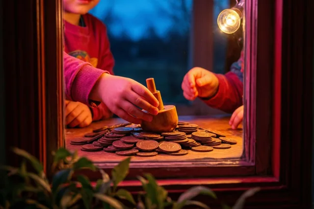 Door een raam met een houten kader zijn kleine handen te zien die met een houten dreidel en chocolademunten spelen, in warm lamplicht tegen een blauwe schemering.