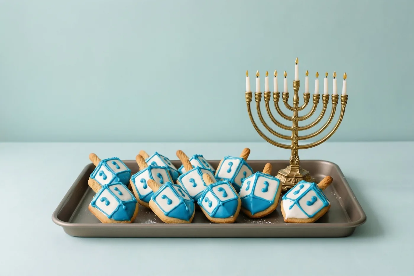 Op een dienblad liggen dreidelvormige suikerkoekjes met blauw en wit glazuur naast een goudkleurige kandelaar met brandende kaarsen, op een lichtblauwe ondergrond tegen een lichtblauwe achtergrond.