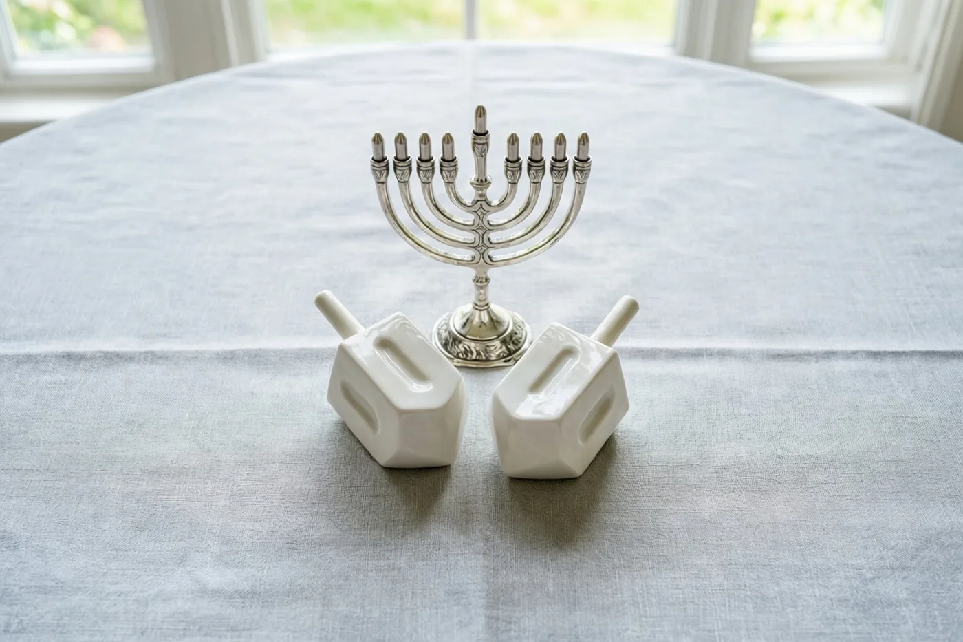 Een kleine zilveren menora en twee witte porseleinen dreidels staan op een lichtgrijs linnen tafelkleed bij een raam met natuurlijk licht.