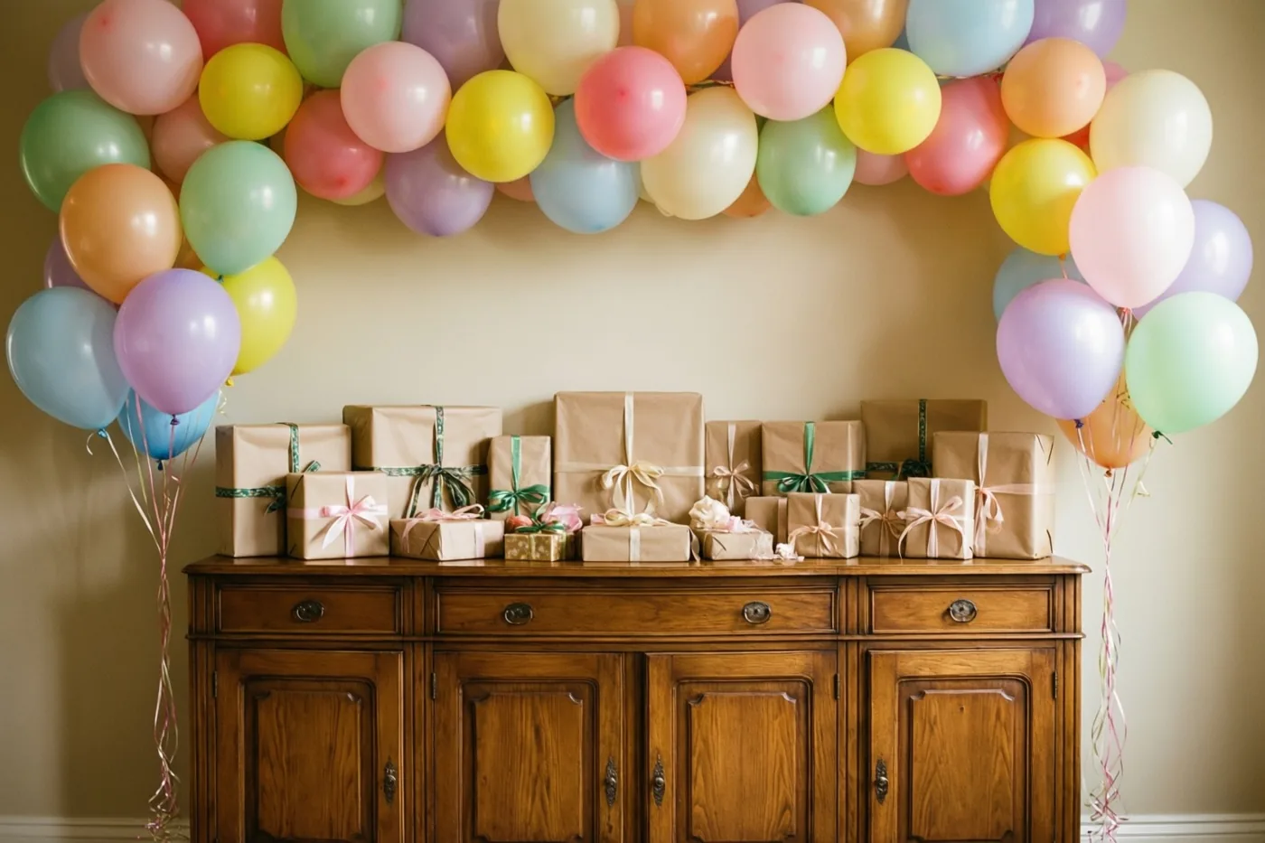 Een houten dressoir vol cadeaus in kraftpapier met linten staat tegen een effen muur onder een grote boog van pastelballonnen.