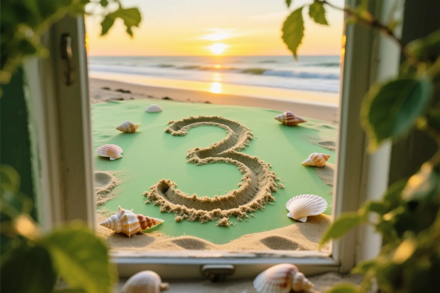 Door een raam met groene bladeren is een drie in het strandzand te zien, met schelpen, de zee en golven aan de Belgische kust bij zonsondergang.