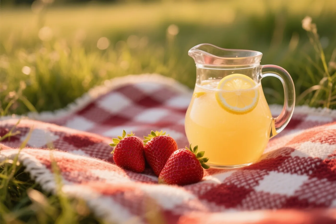 Een glazen kan limonade met een schijfje citroen en drie aardbeien staan op een rood-wit geruit picknickdeken in zonovergoten gras.