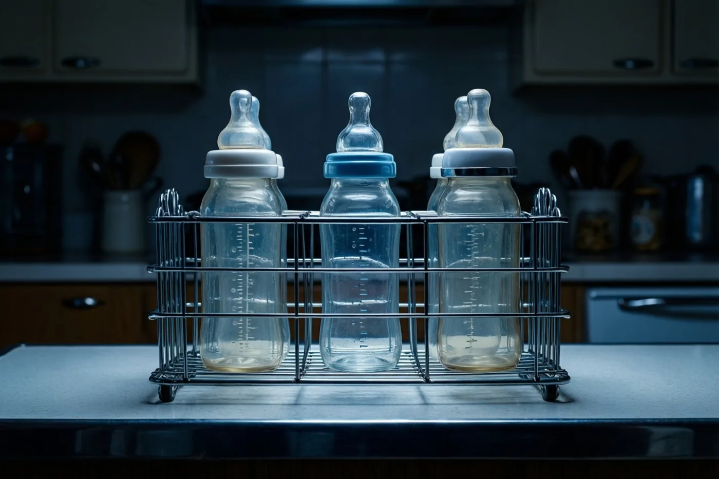 Drie oude glazen babyflessen met spenen staan in een metalen draadrek op een keukenaanrecht, verlicht in koele blauwe tinten.