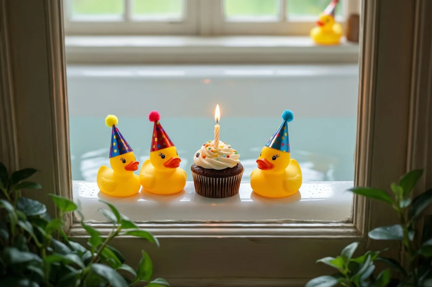 Drie gele badeendjes met kleurrijke feesthoedjes staan rond een chocoladecupcake met één brandend kaarsje op een badrand bij een raam, met groen op de voorgrond.