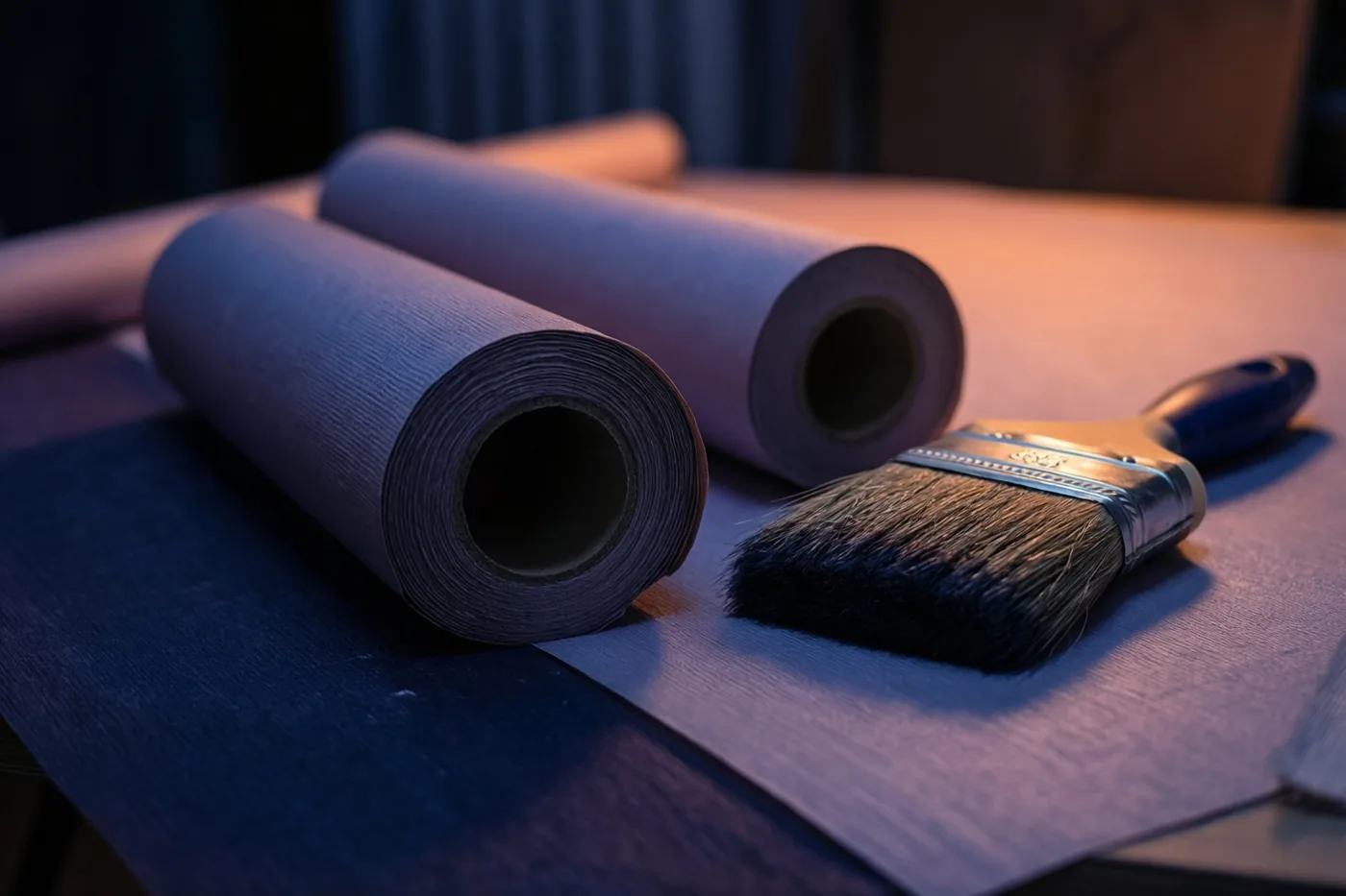 Drie rollen behang met structuur en een verfborstel liggen op een donkere houten tafel in warm gedempt licht met diep paarse en blauwe tinten.