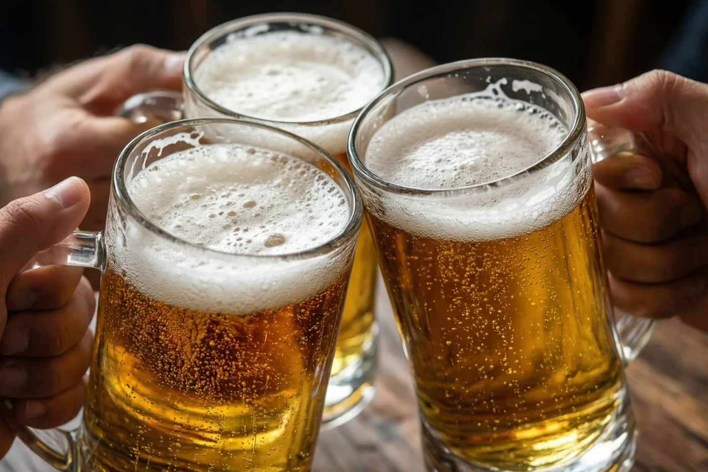 Drie handen houden glazen bierpullen met schuim omhoog boven een houten tafel in warm licht met gouden en amberkleurige tinten.
