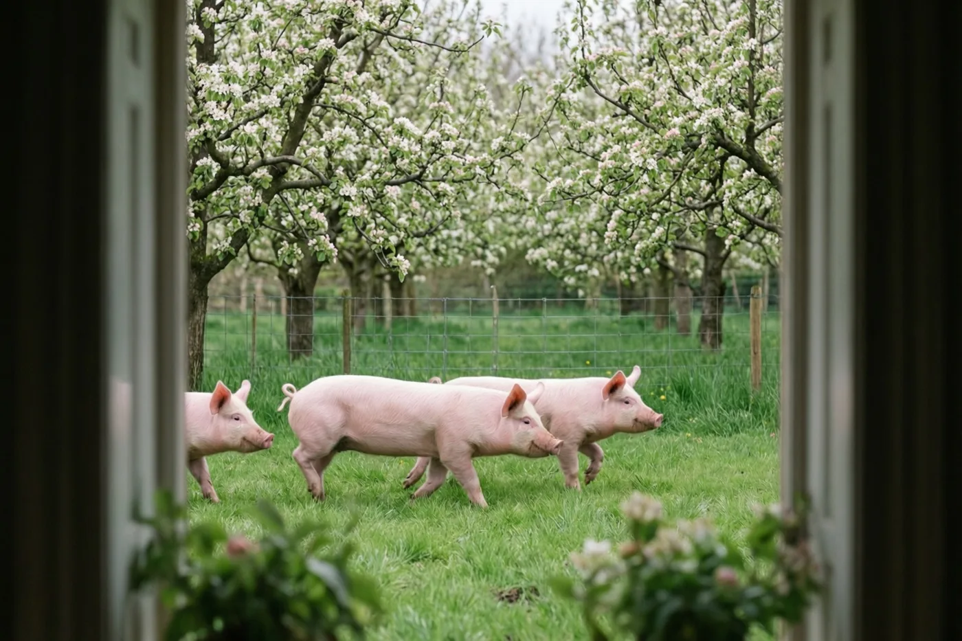 Door een open deuropening zijn drie roze biggetjes te zien die door groen gras rennen, met witbloeiende perenbomen achter een draadafsluiting.