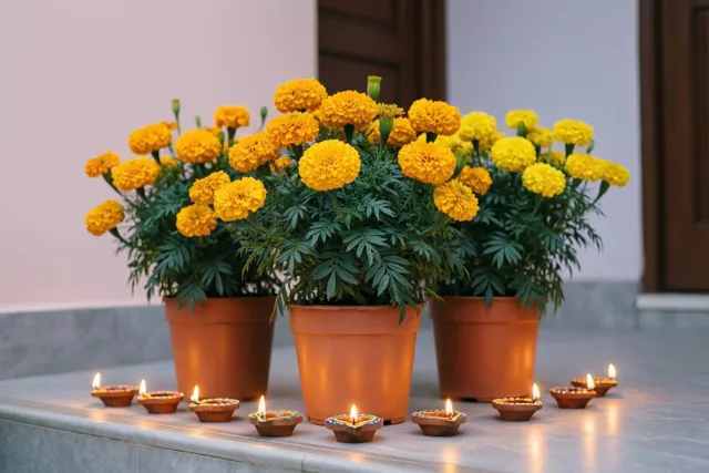 Drie potten met bloeiende afrikaantjes staan op een deurdrempel tussen brandende olielampjes, voor een lichte muur en een houten deur in warme gele en oranje tinten.