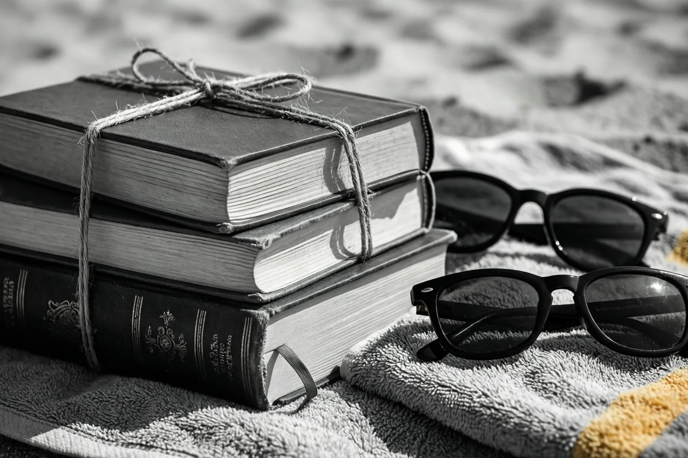 Drie gesloten boeken met touw eromheen liggen op een handdoek met structuur naast een zonnebril, weergegeven in zwart-wit.