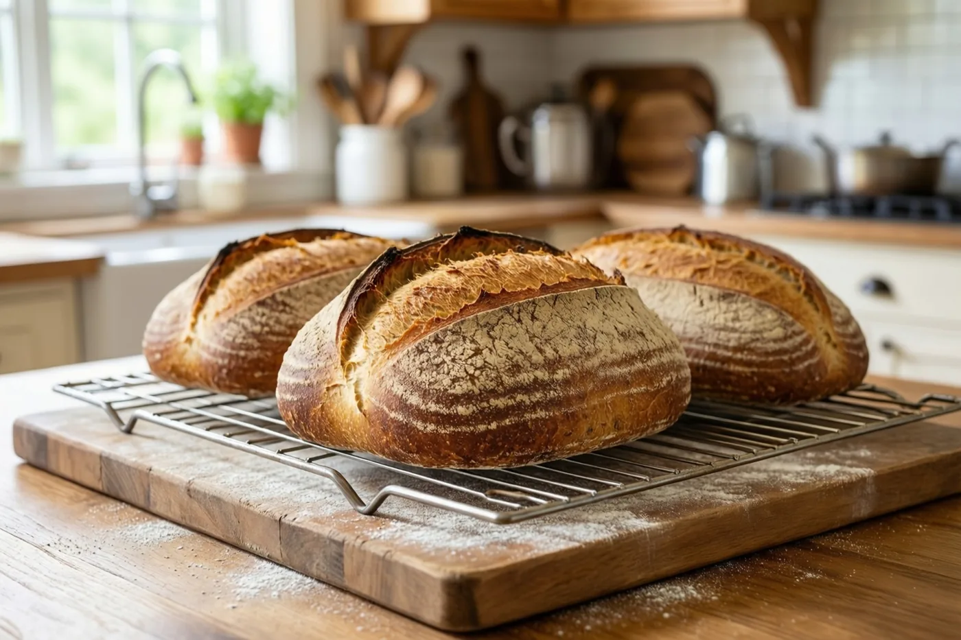 Drie versgebakken broden met een krokante korst liggen op een metalen afkoelrooster op een bebloemde houten plank in een landelijke keuken met daglicht.