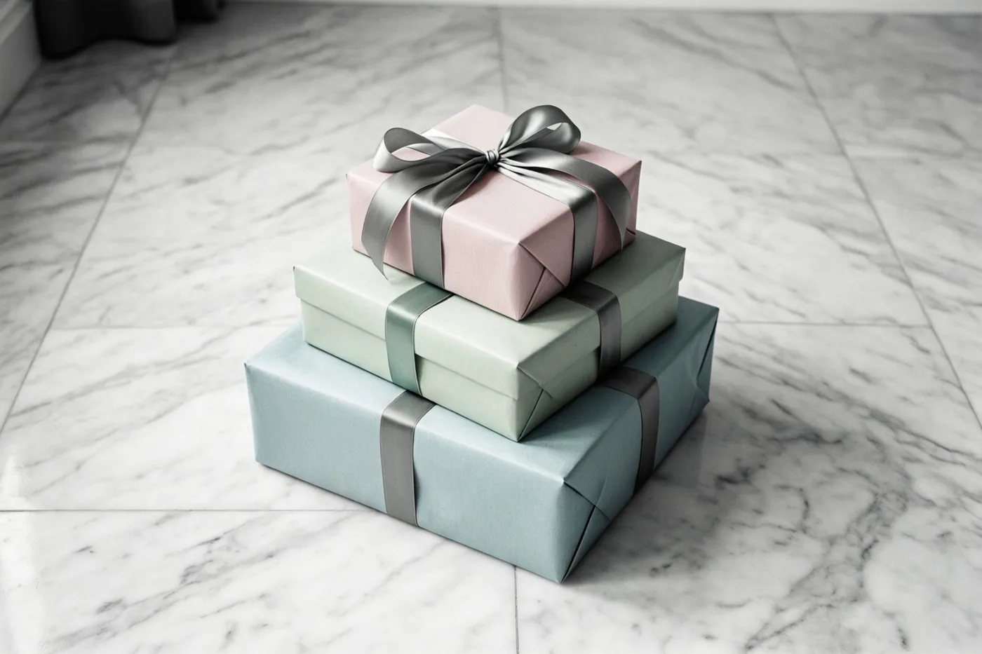 Drie geschenkdozen in pastelpapier met satijnen linten staan op een witte marmeren vloer, met roze, mintgroen en lichtblauw als hoofdkleuren.