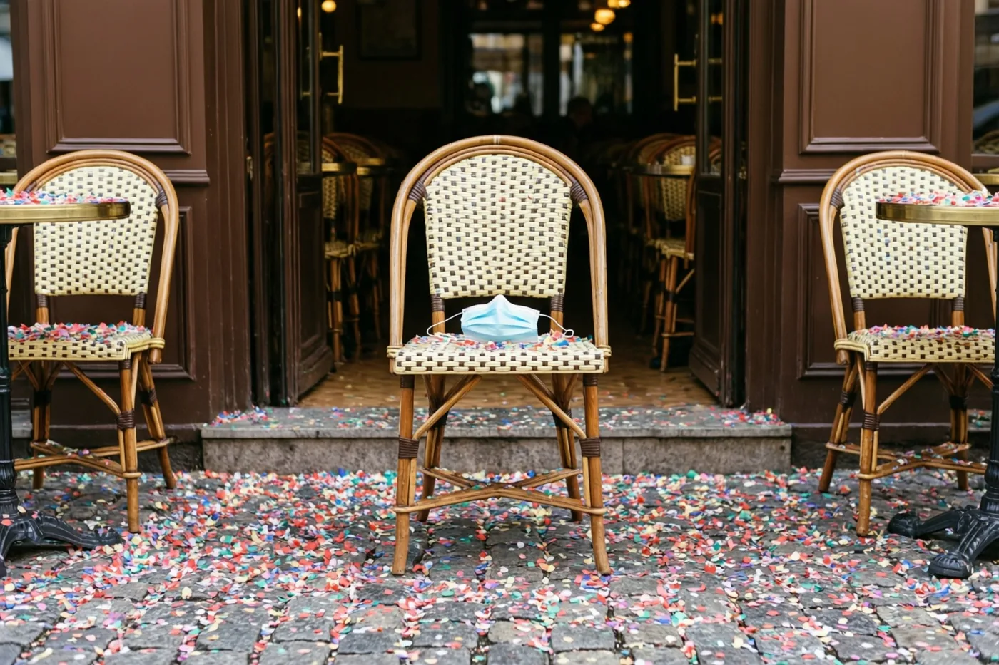 Drie rieten caféstoelen staan op kasseien vol confetti voor de ingang van een bruin café, met een blauw chirurgisch mondmasker op de middelste stoel.