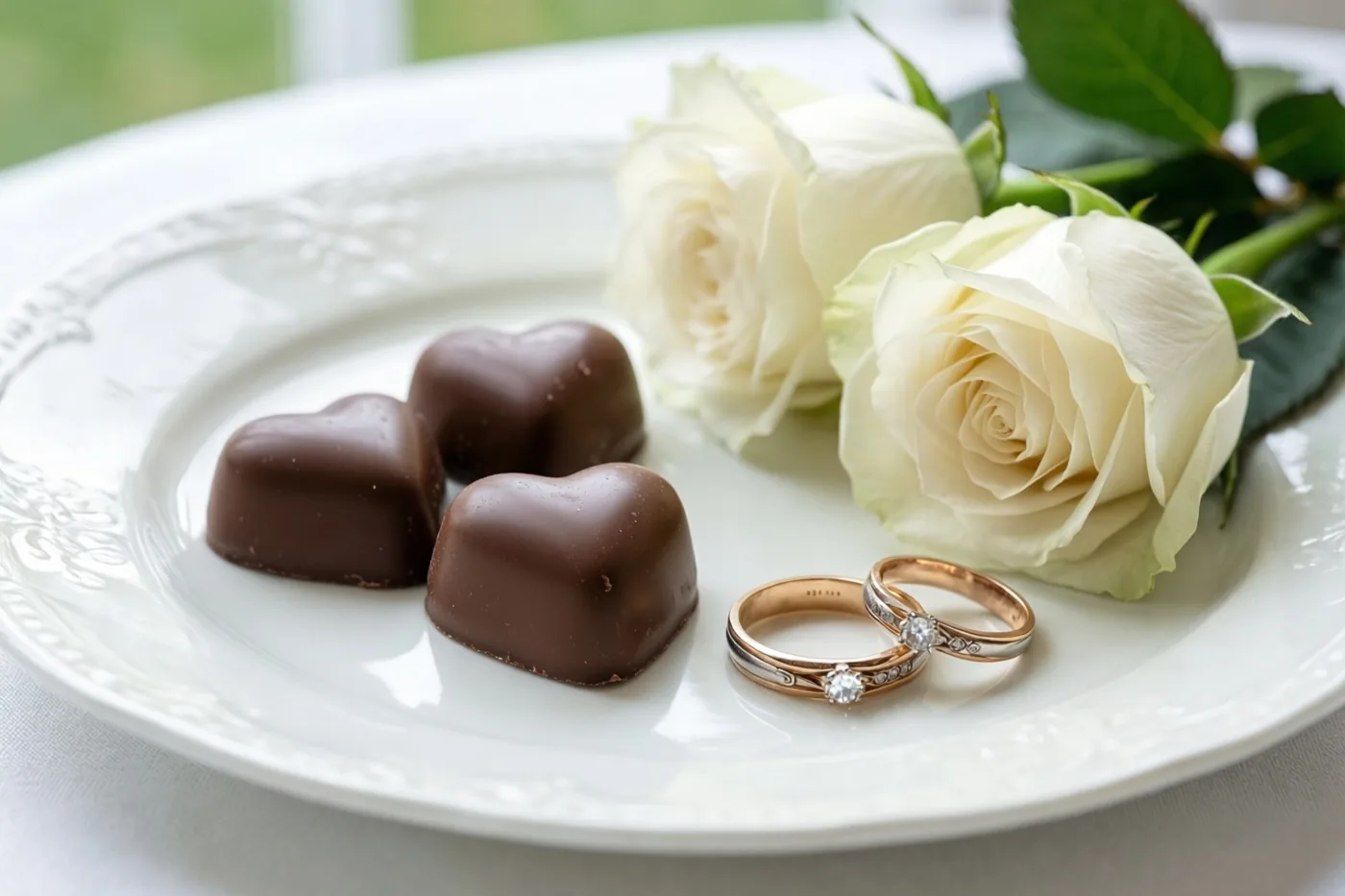 Drie chocoladehartjes liggen naast twee trouwringen en een takje witte rozen op een wit porseleinen bord op een wit tafelkleed.