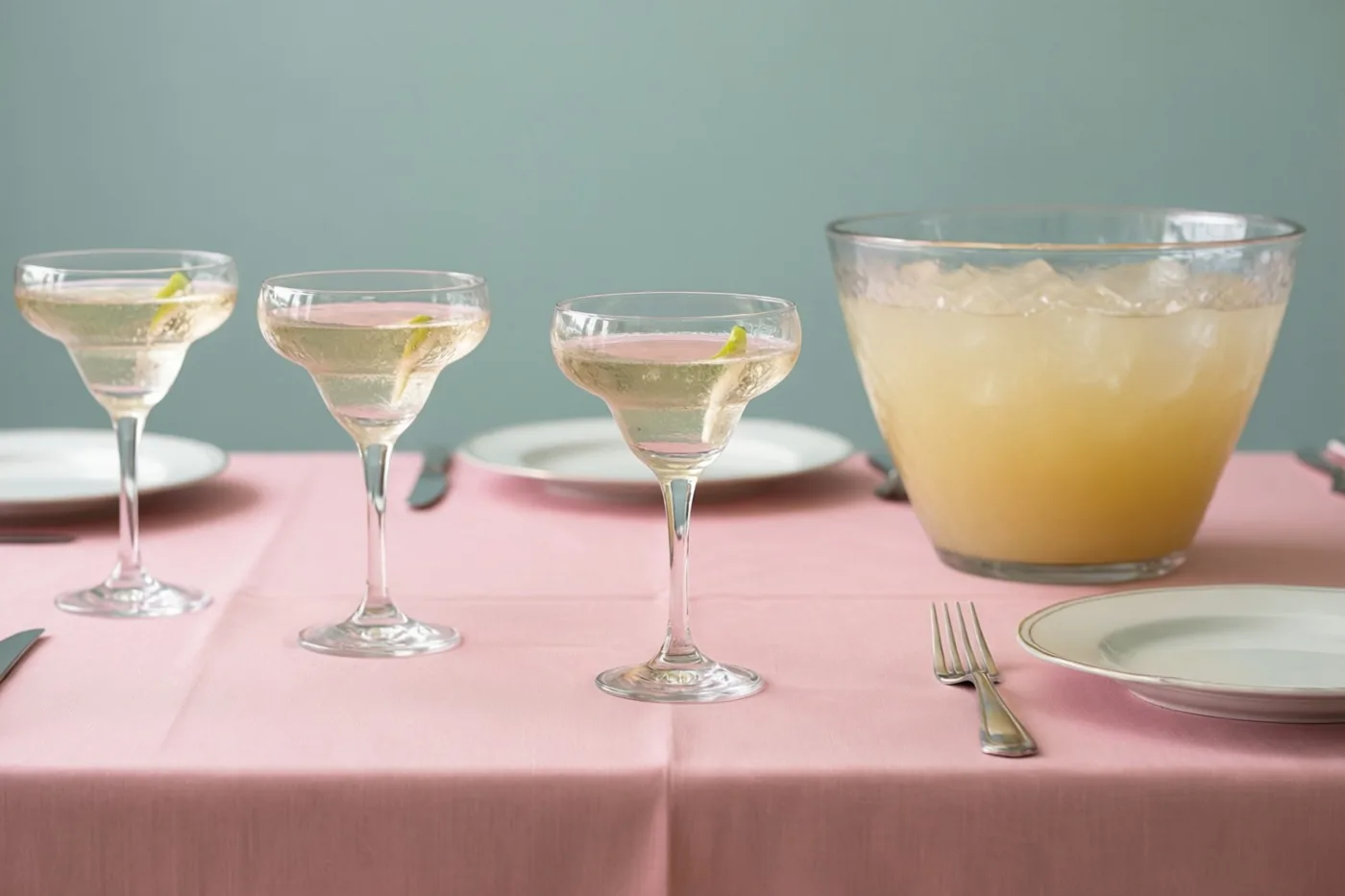 Drie cocktailglazen met partjes limoen staan op een roze tafelkleed naast een grote punchschaal met gele drank.