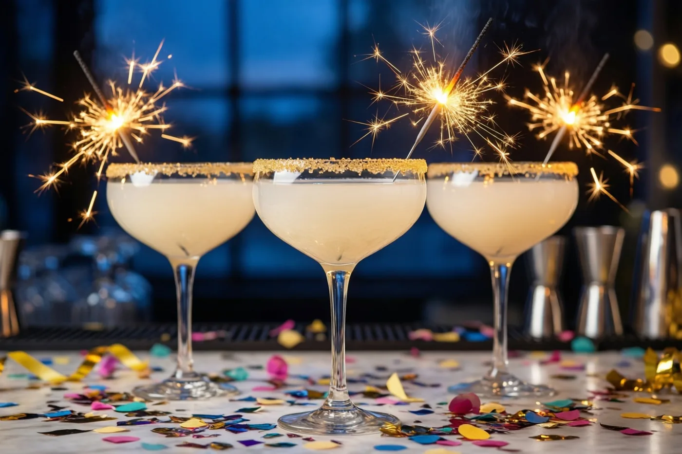 Drie cocktailglazen met gouden suikerranden en brandende sterretjes staan op een bar met kleurrijke confetti tegen een donkerblauwe achtergrond met onscherpe lichtjes.