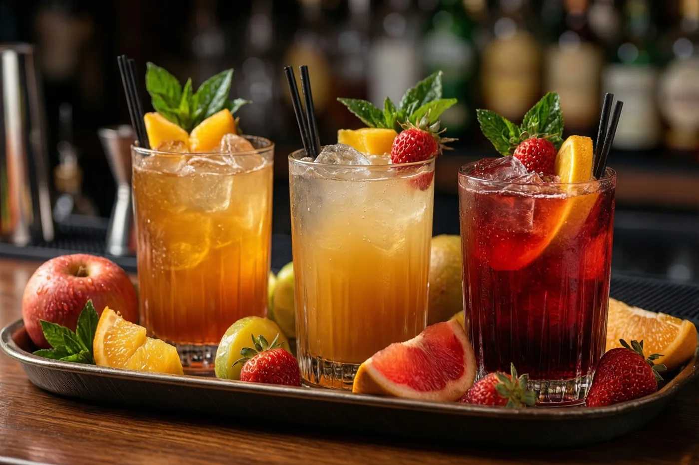 Drie hoge glazen met kleurrijke cocktails, ijs, vers fruit en munt staan op een metalen dienblad op een houten bar, met onscherpe flessen op de achtergrond.