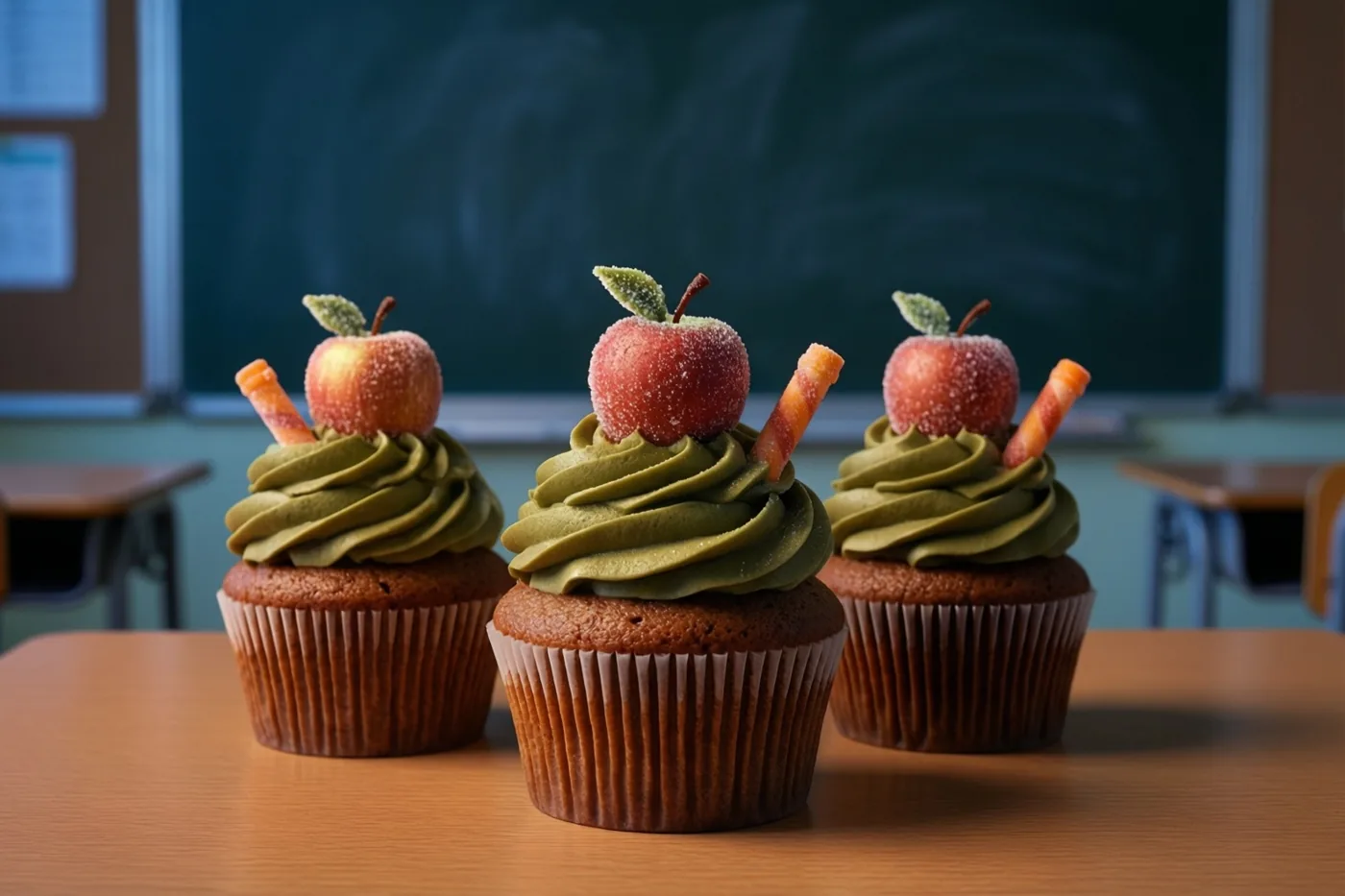 Drie cupcakes met groen glazuur, suikerappeltjes en waskrijtjes van suiker staan op een houten schoolbank, met een schoon schoolbord en klasmeubels op de achtergrond.
