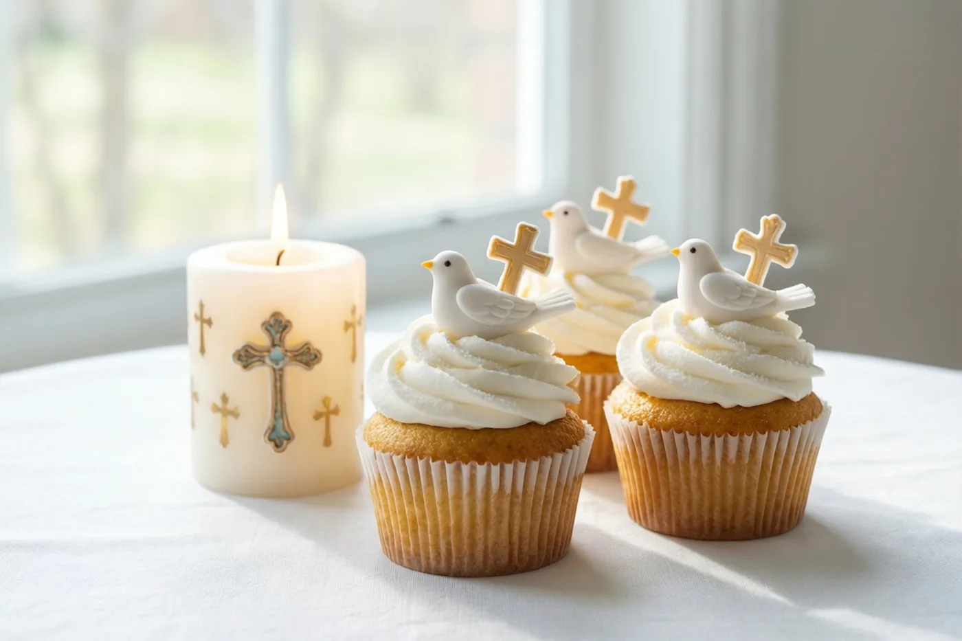 Drie cupcakes met wit glazuur, suikerduiven en kleine kruisjes staan op een wit tafelkleed naast een brandende kaars met kruisen, in zacht licht van een raam.