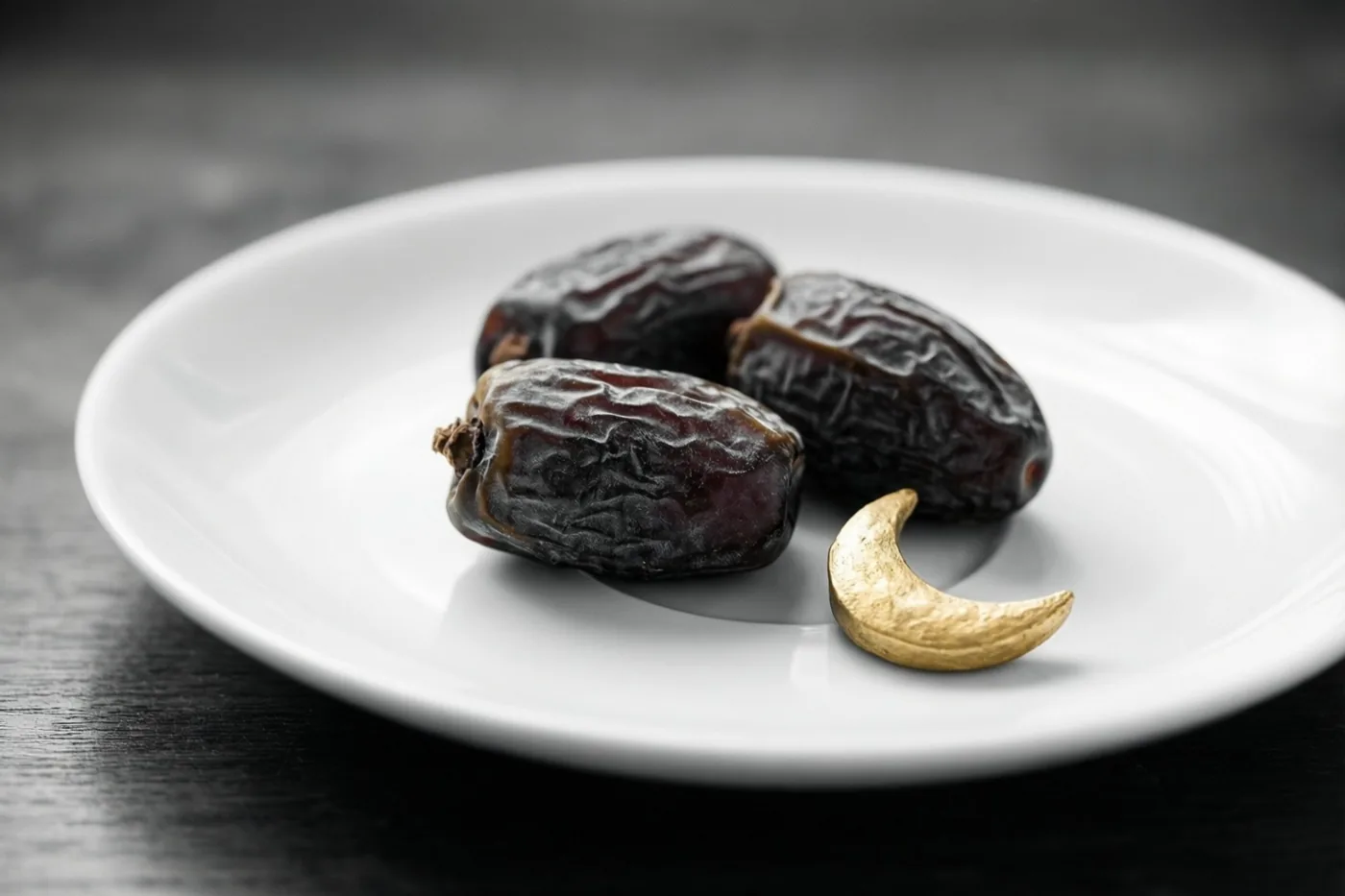 Drie donkere dadels liggen met een kleine gouden maansikkel op een wit porseleinen bord, tegen een donkere, vervaagde houten achtergrond.