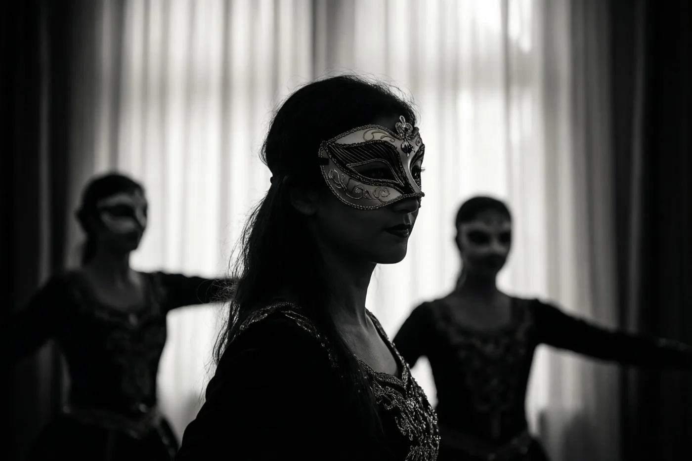 Drie gemaskerde dansers staan als silhouetten tegen een van achteren verlicht gordijn, met de middelste danser scherp in beeld en alles in monochrome tinten.