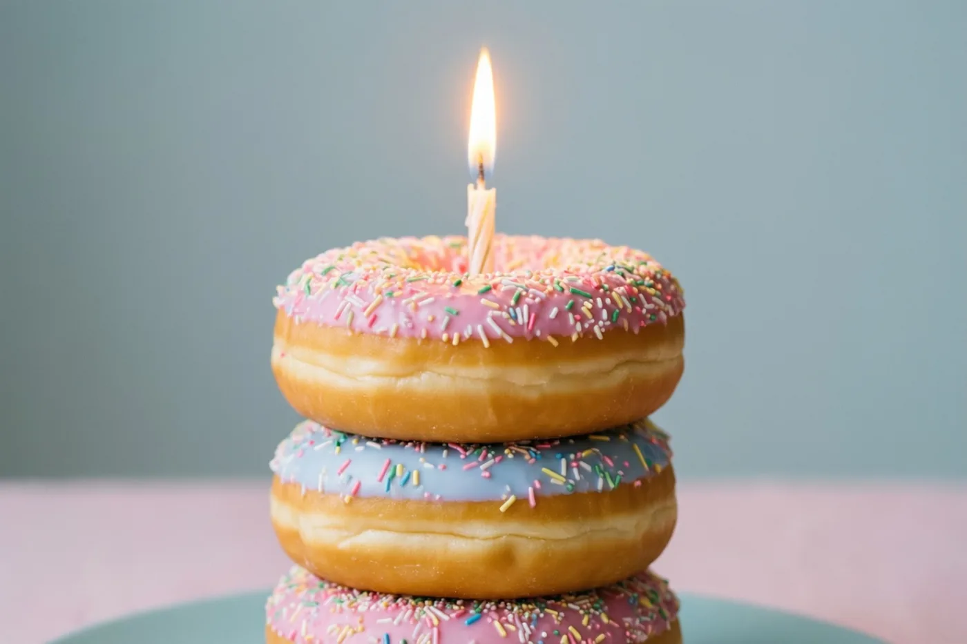 Drie gestapelde donuts met roze en blauw glazuur, kleurrijke strooisels en één brandend kaarsje staan op een lichtroze ondergrond tegen een zachte blauwgrijze achtergrond.